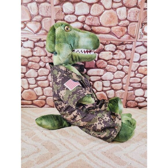 Build A Bear T-Rex Dinosaur Green Camouflage Plush With Military Outfit #A96 - Picture 2 of 5